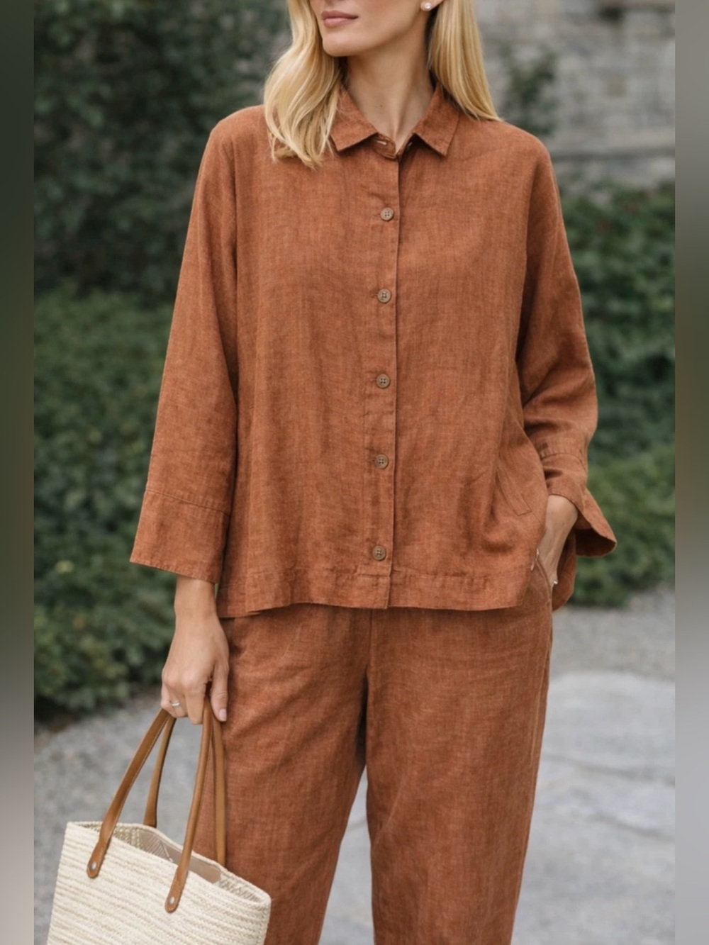 Eileen Fisher Womens Organic Washed Linen Rust Pant Set Top Pants Lagenlook XXS